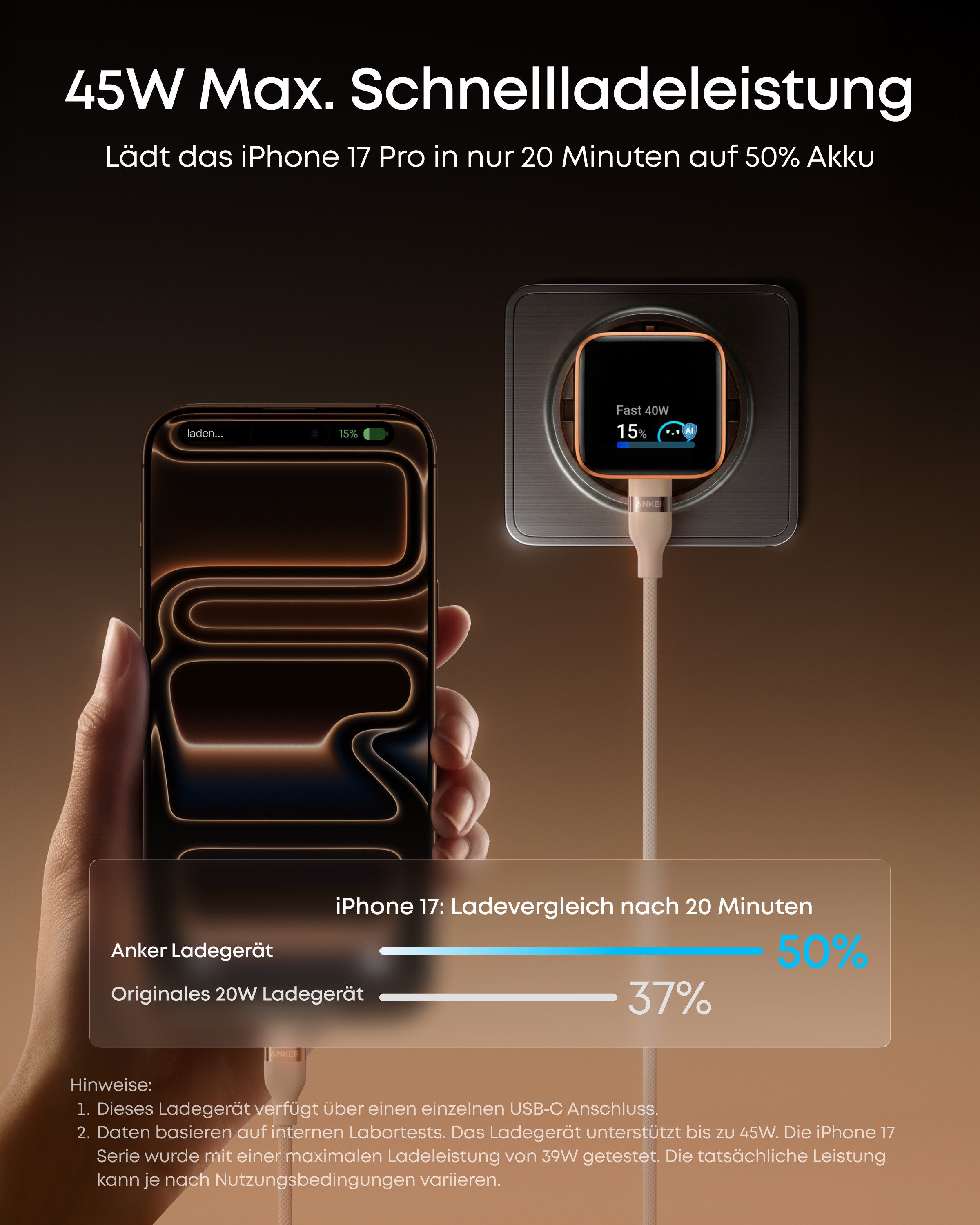 Anker Anker Nano 45W USB C Ladegerät mit Smart Display für iPhone Schnelllade-Gerät (GaN Ladegerät für iPhone 17/16/15 Serie)