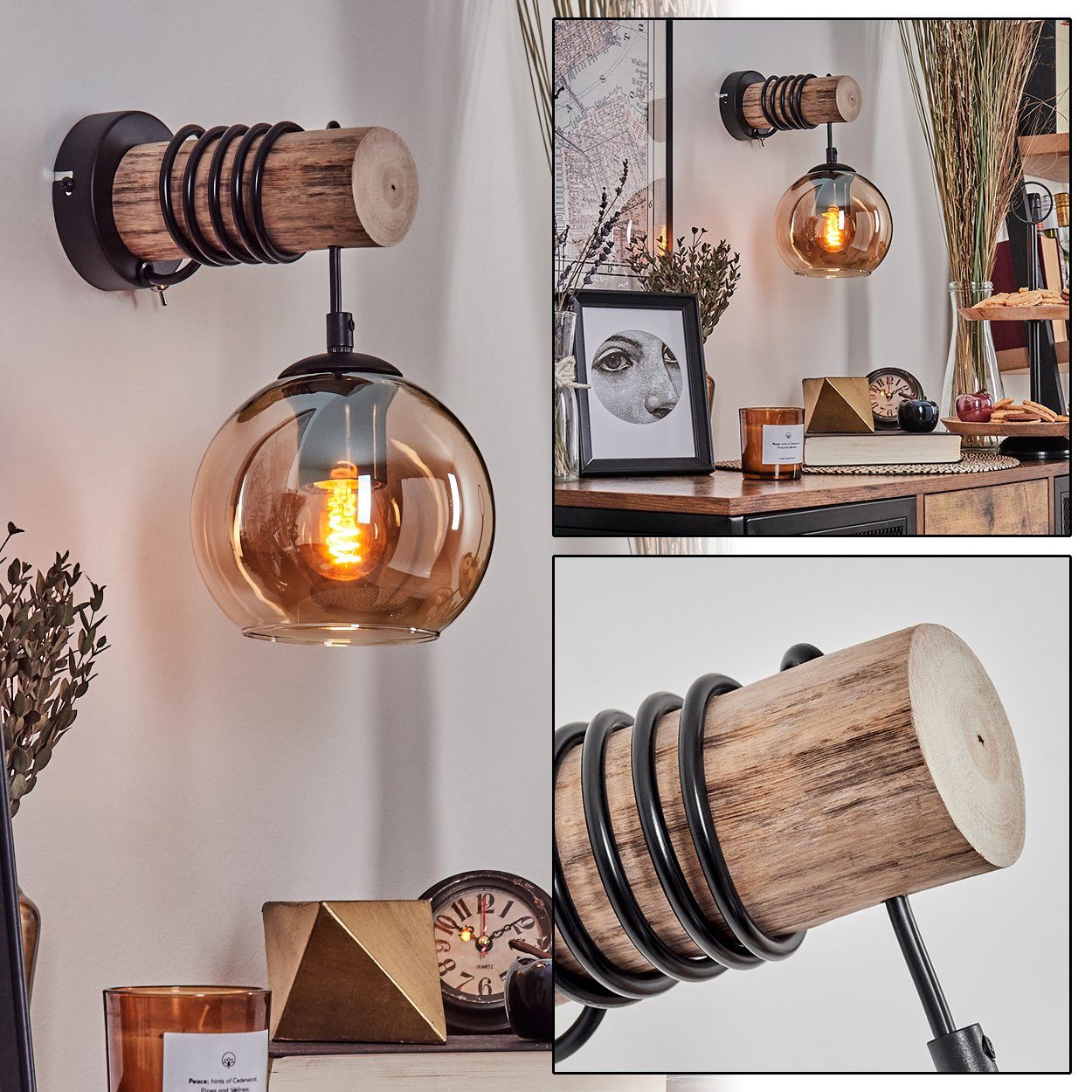 hofstein Wandleuchte Wandlampe aus Metall/Holz/Glas in günstig online kaufen