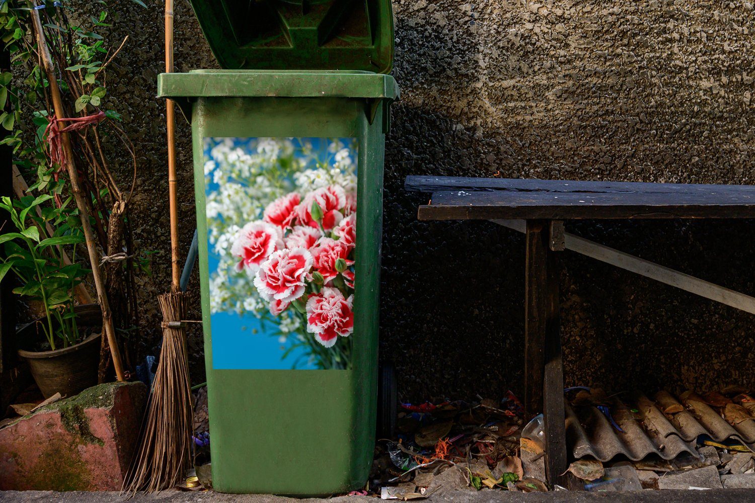 Sticker, Mülleimer-aufkleber, weißen mit Nelkenblüten MuchoWow Mülltonne, Wandsticker Abfalbehälter Rot (1 St), Container,