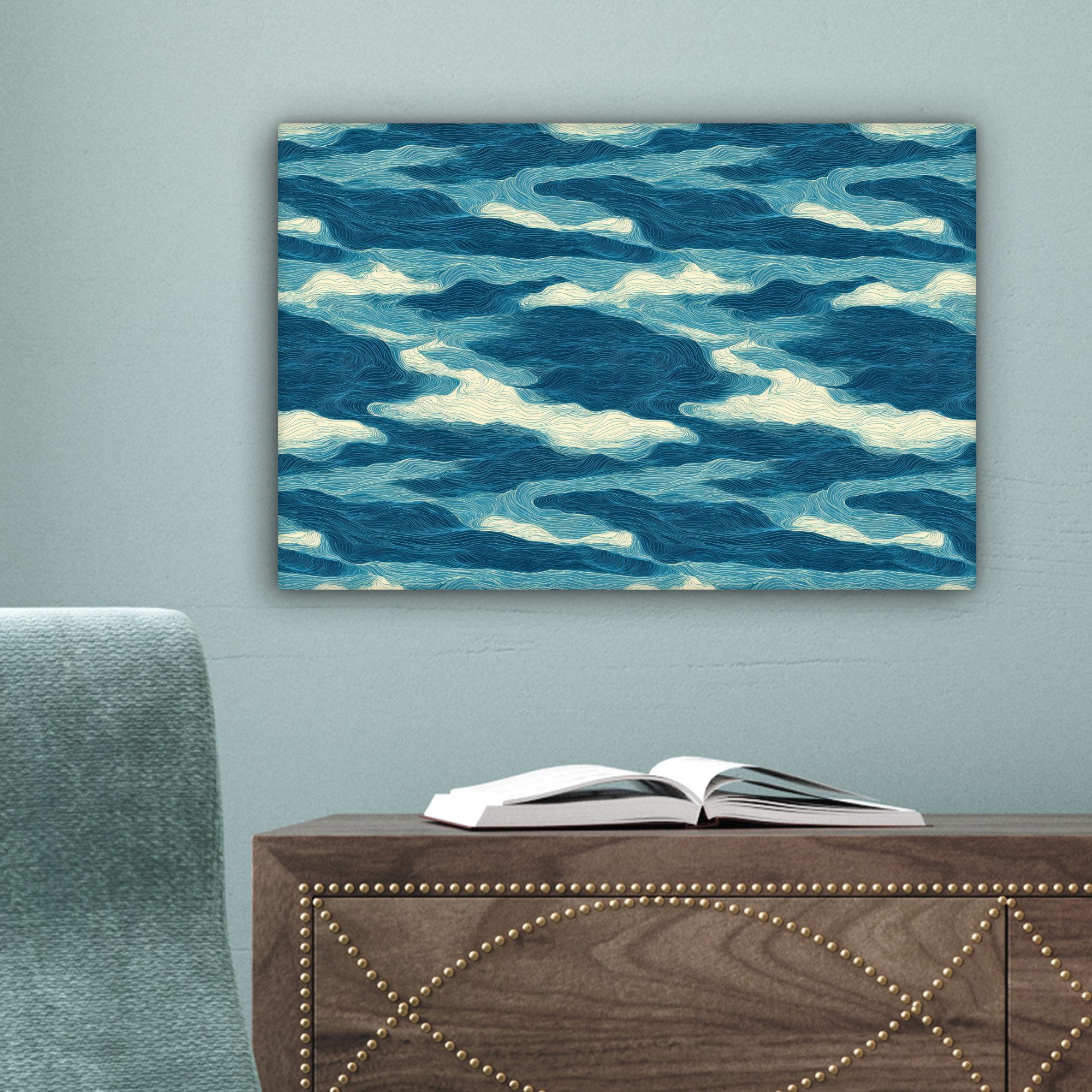 OneMillionCanvasses® Leinwandbild Wellen - Abstrakt - Muster - Blau - Weiß, Fotodruck (1 St), Leinwand Bilder Klein, Wand Dekoration Aesthetic 30x20 cm – Bild 4 von 5