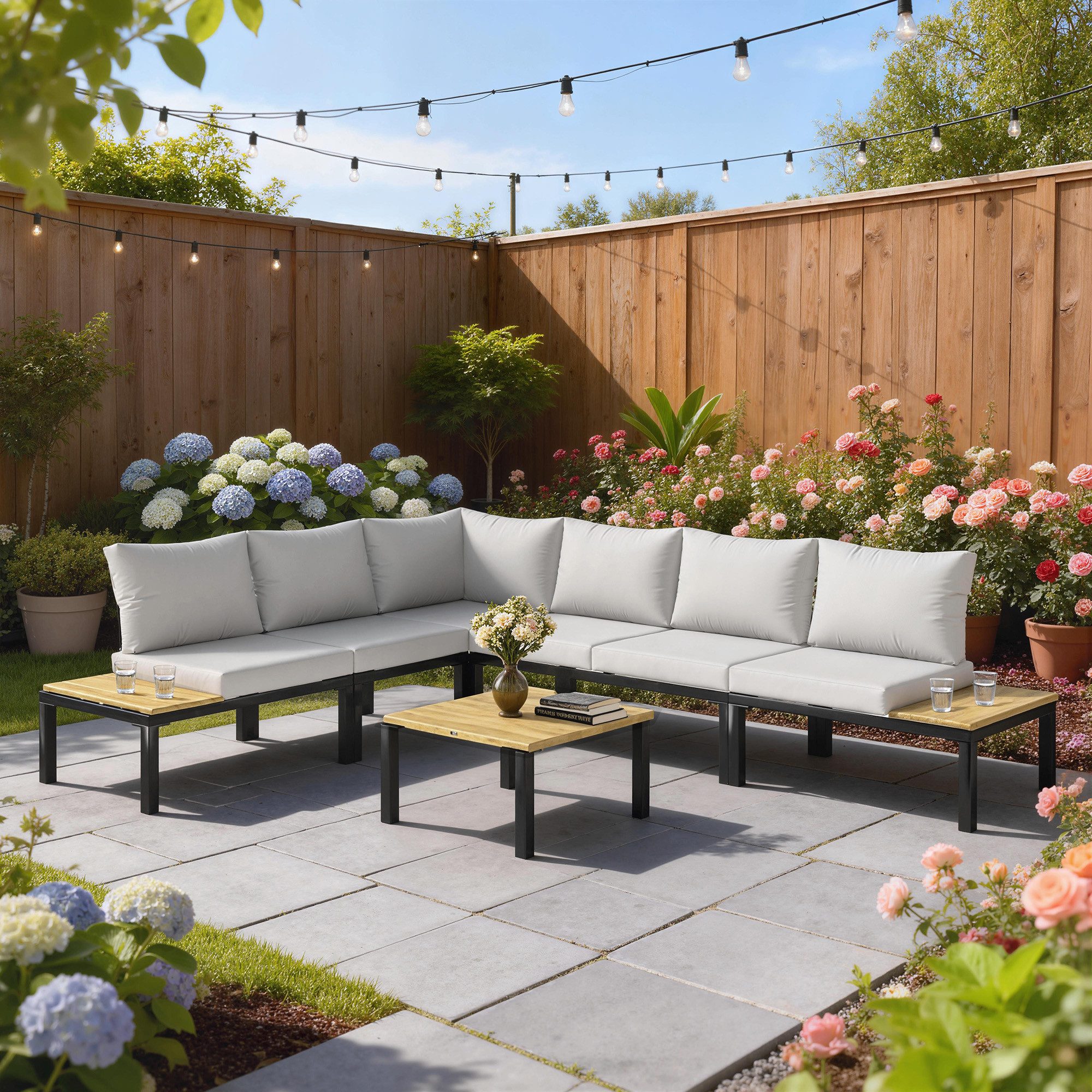 Luckice Gartensofa 6-tlg. Gartenlounge mit Tisch, Modulares Loungeset für, Terrasse und Balkon Verstellbares Gartensofa als Sonneninsel oder Gartenbett, Grau