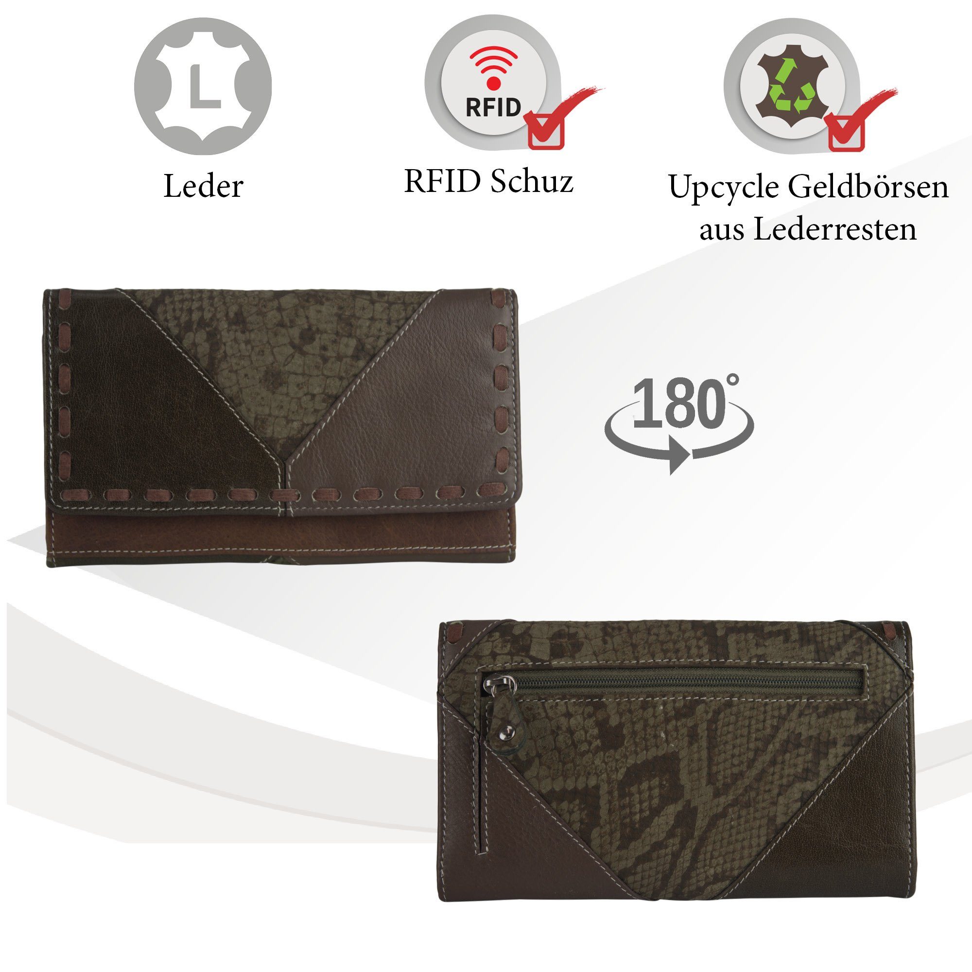 Damen Geldbörse. Echt RFID-Schutz, echt Leder, mit Leder Unisex aus Portemonnaie aus braun/Khakigrün Sunsa Lederreste, Geldbeutel. Lederresten, Geldbörse recycelten