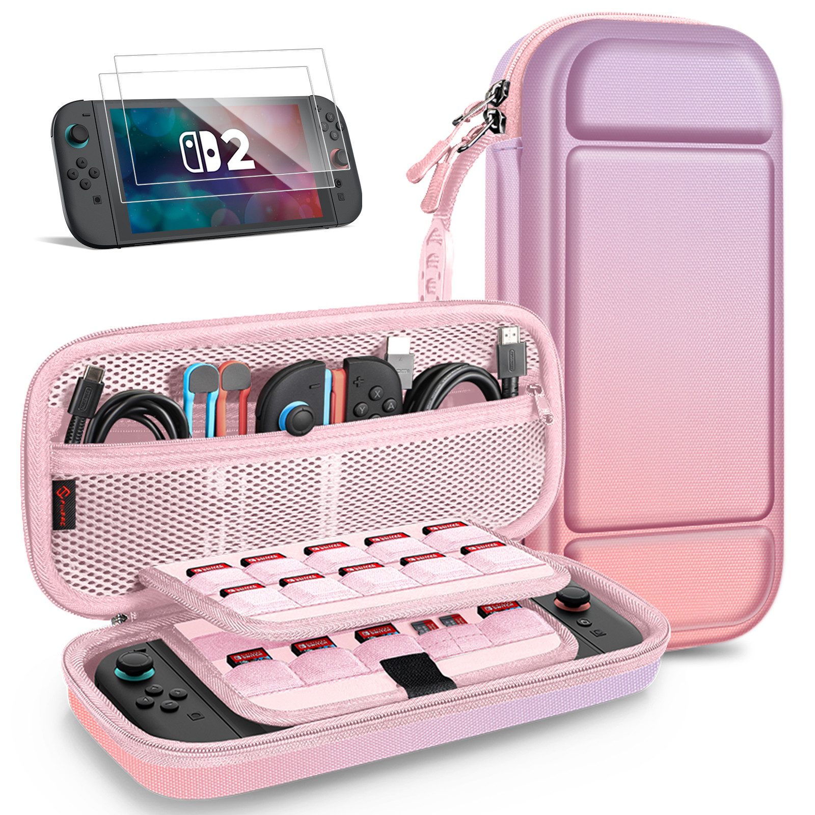 Fintie Nintendo-Schutzhülle Tasche mit 2 Panzerglas für Nintendo Switch 2(2025), 2-in-1 Zubehörset, mit 2 Stücke Schutzfolie, 1 Tragetasche mit großem Fassungsvermögen
