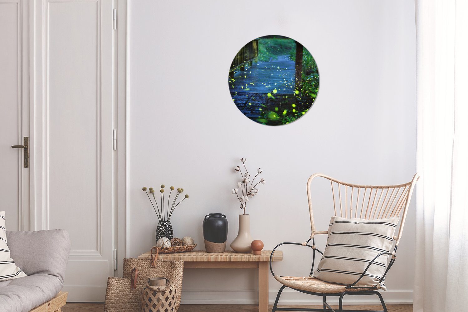 MuchoWow Gemälde Glühwürmchen Kreis über Rundes Wohnzimmer, Wanddekoration cm St), einer 30x30 Wandbild, (1 Brücke, Forex