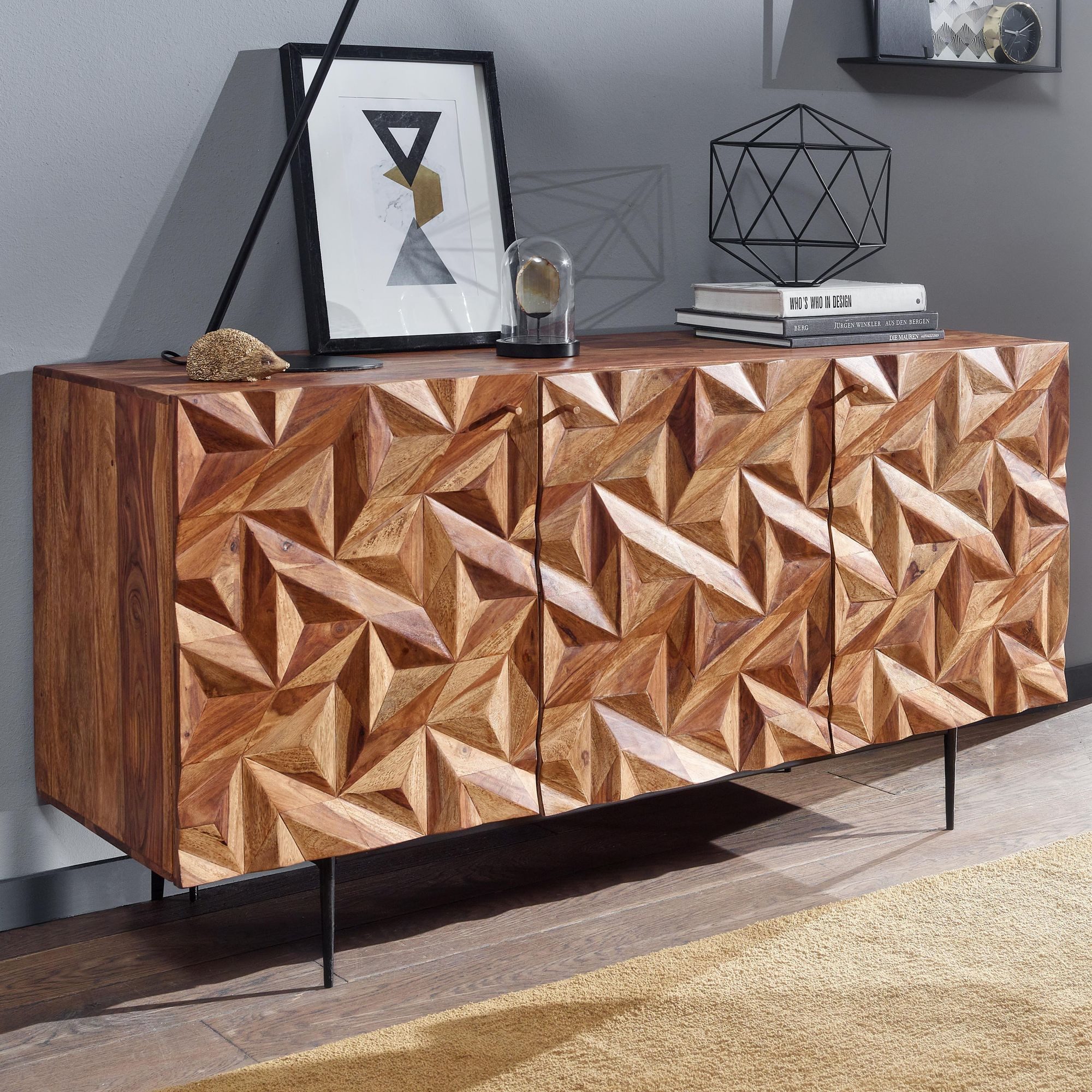 furnicato Sideboard Massivholz Walnuss Finish 144x72x47 cm Braun (1 St), Anrichte mit 3D-Fronten und viel Stauraum für dein Wohnzimmer