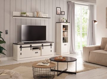 Furn.Design Wohnwand Stove, (Wohnzimmer Set in Pinie weiß mit Anthrazit, 3-teilig, 230 x 170 cm), Soft-Close-Funktion, mit Scheunentorbeschlag