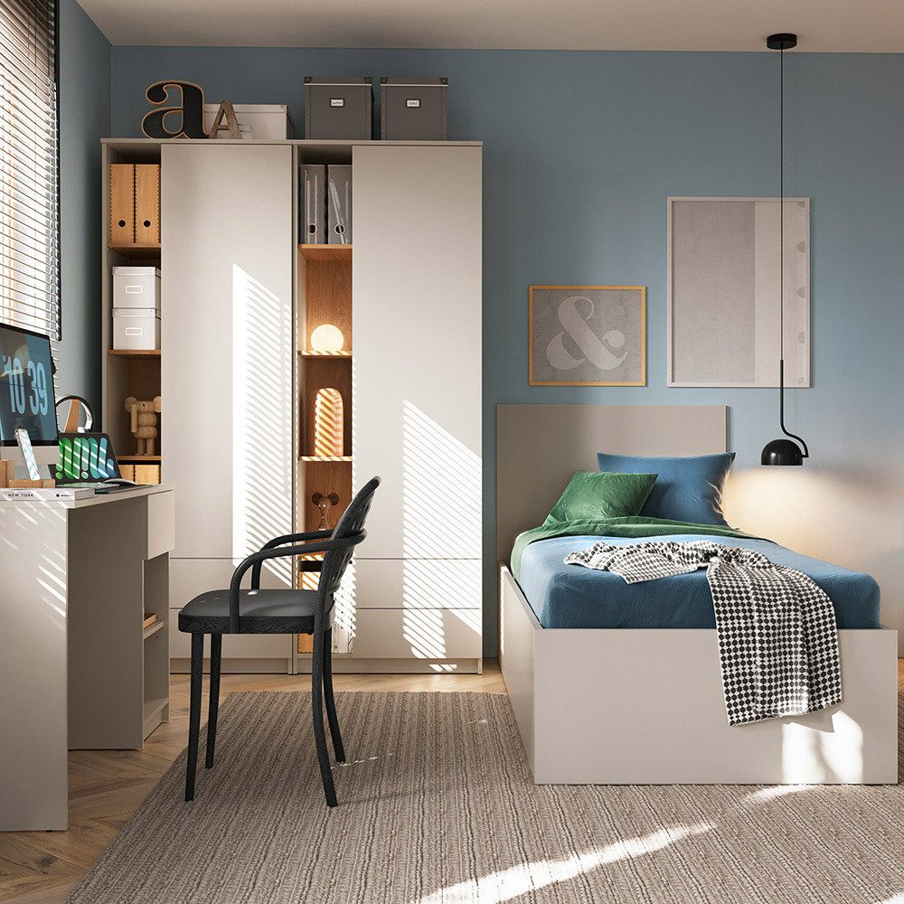 Lomadox Jugendzimmer-Set FIER-129, (Sparset, 3-tlg., Schreibtisch Kleiderschränke Bett), in Kaschmir mit Eiche Nb., 4-teilig, grifflos, 120x200 cm Liegefläche