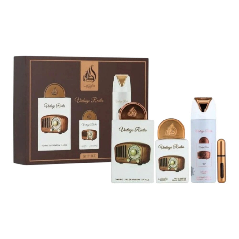 Lattafa Duft-Set Pride Vintage Radio EDP 100ml Geschenkset + Parfümzerstäuber (leer)