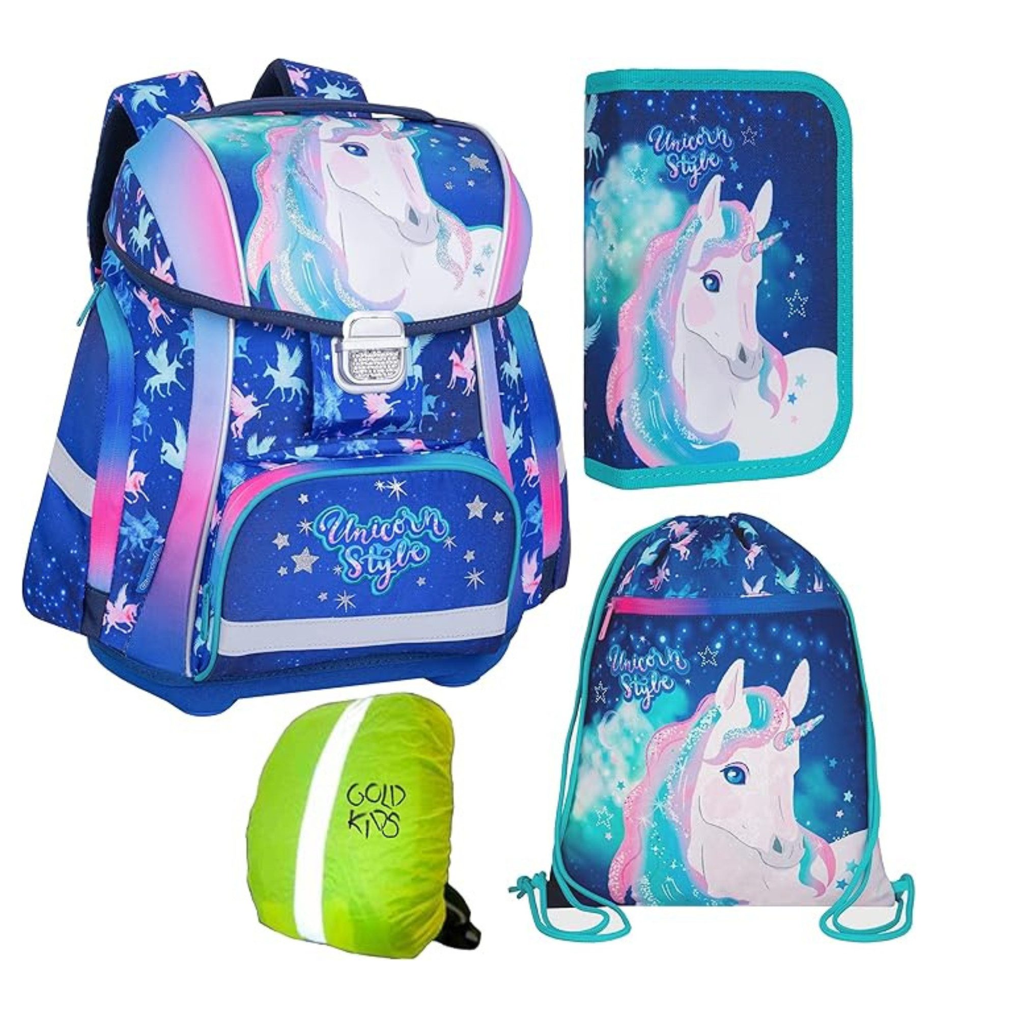 GOLDKIDS Ранці Ранці-set Einhorn Unicorn Ranzen (Schulranzen Kinderrucksack, Federmappe, 1-tlg., Schuhbeutel, Regenschutz Motivdruck), Unicorn Einhorn Style 4-teilig