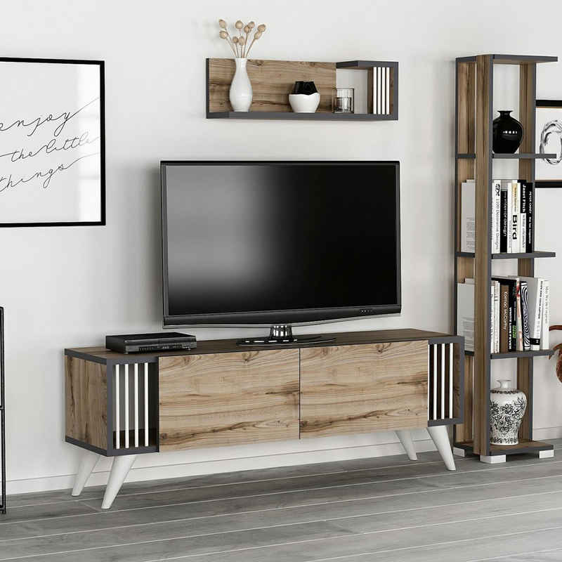 en.casa TV-Schrank »Albertslund« TV Board 42 x 120 x 31 cm Fernsehtisch mit Wandregal und 2 Schranktüren Lowboard Eiche / Anthrazit