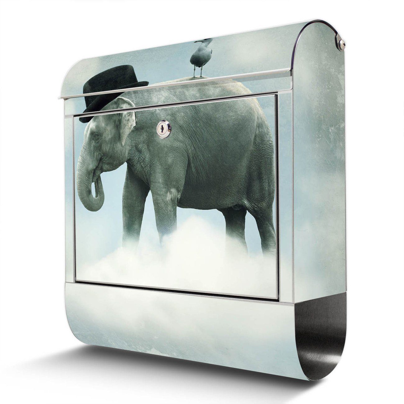 banjado Wandbriefkasten Edelstahl Elefant und Möwe (Wandbriefkasten groß, mit Zeitungsfach), 38 x 42,5 x12cm