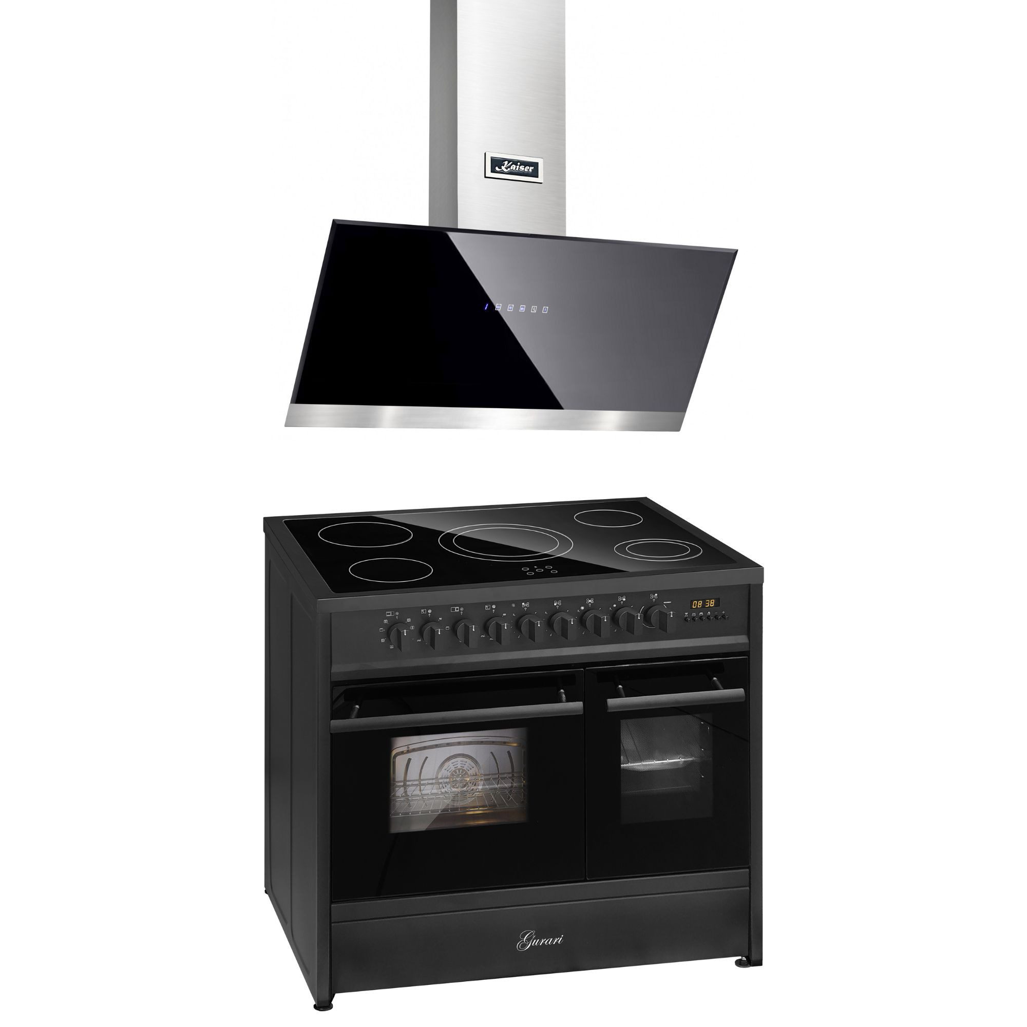 GURARI Elektro-Standherd Glaskeramik Herd 90 cm Schwarz Range Cooker Elektro Doppelbackofen+Dunstabzugshaube 90 cm, Schwarz Glas Edelstahl, 1250m³/h GCH E 912 DF BL+AT 9440, mit 1-fach-Teleskopauszug, Elektro-Standherd 90 cm+Dunstabzugshaube 90 cm