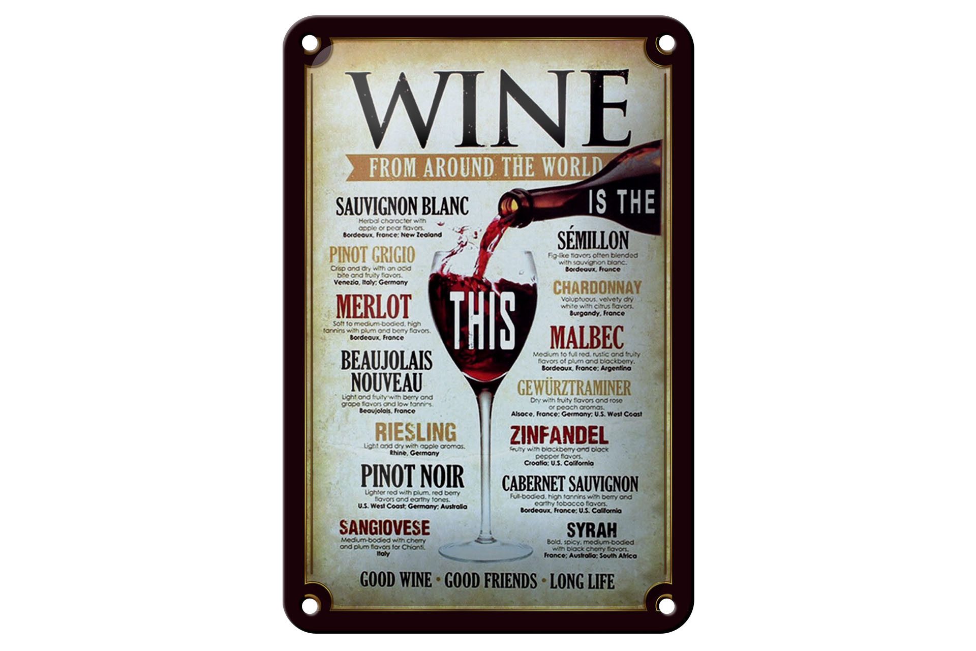 Femer GmbH Metallschild Alkohol 12x18 cm Wein Good wine goood friends long life, (1 St), gewölbte Oberfläche, abgerundete Ecken, umgeschlagene Kanten