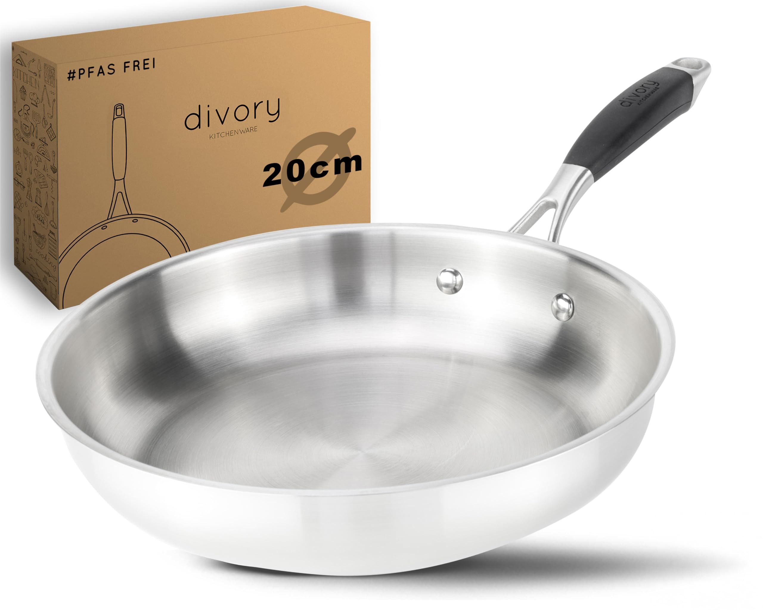 divory Bratpfanne PURA für Alle Herdarten, Unbeschichtete große Induktionspfanne, Edelstahl (Ergonomischer Griff, Spülmaschinen geeignet)