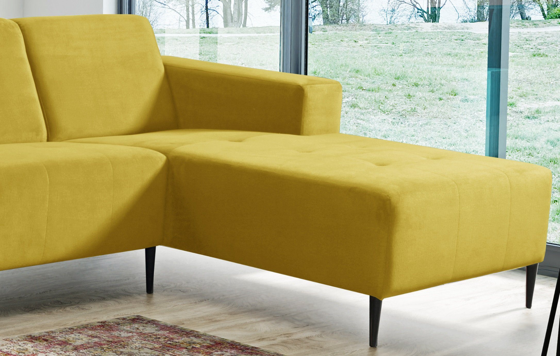 Stylefy Ecksofa Relaxfunktion, oder Europa Sitzkomfort, mit mane stellbar, bestellbar, in Eckcouch, Modern made frei Mira, rechts Gelb Raum links L-Form, im Design