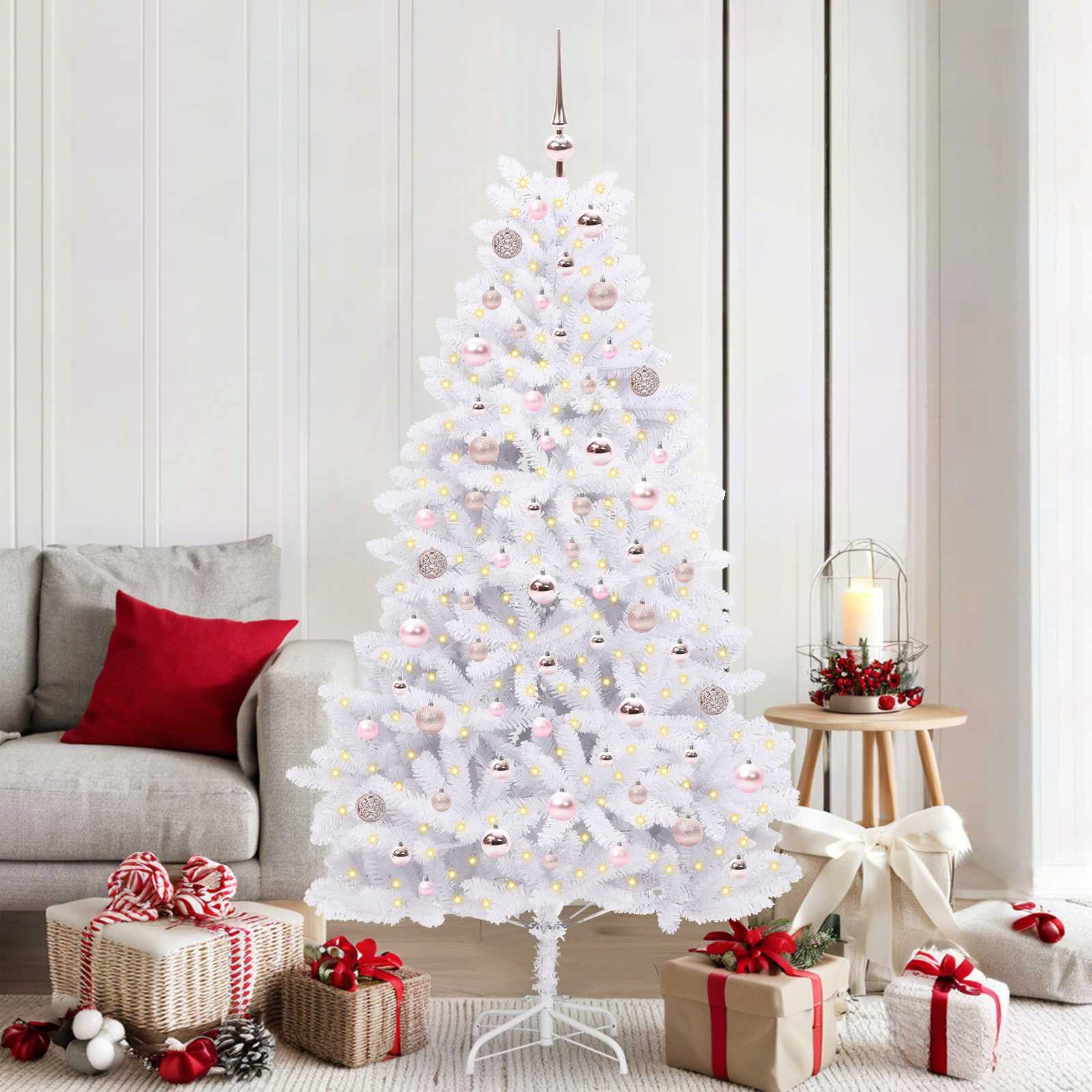 furnicato Künstlicher Weihnachtsbaum 180 cm Weiß PVC und Stahl, LED-Beleuchtung, klappbarer Weihnachtsbaum mit rosa LED-Lichtern für Wohnzimmer