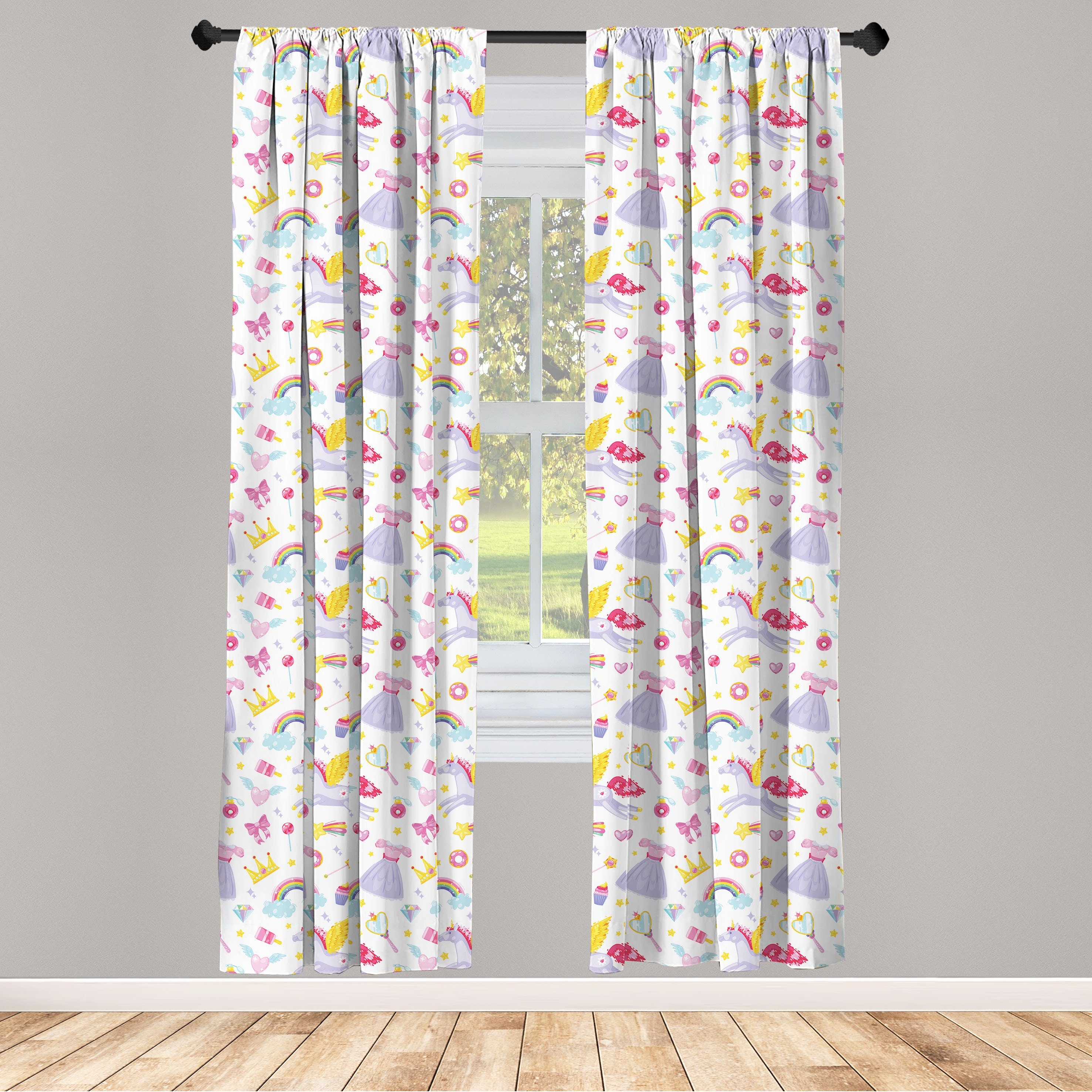 Gardine Vorhang für Wohnzimmer Schlafzimmer Dekor, Abakuhaus, Microfaser, Regenbogen Einhorn-Pegasus-Bonbons