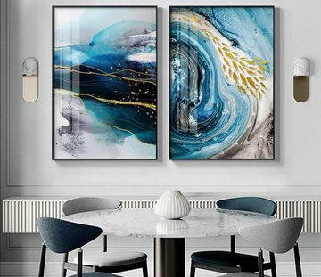 TPFLiving Kunstdruck (OHNE RAHMEN) Poster - Leinwand - Wandbild, Nordic Art - Abstrakte Strukturen - Bilder Wohnzimmer - (5 Motive in 6 verschiedenen Größen zur Auswahl), Farben: weis, blau und gold - Größe: 30x40cm