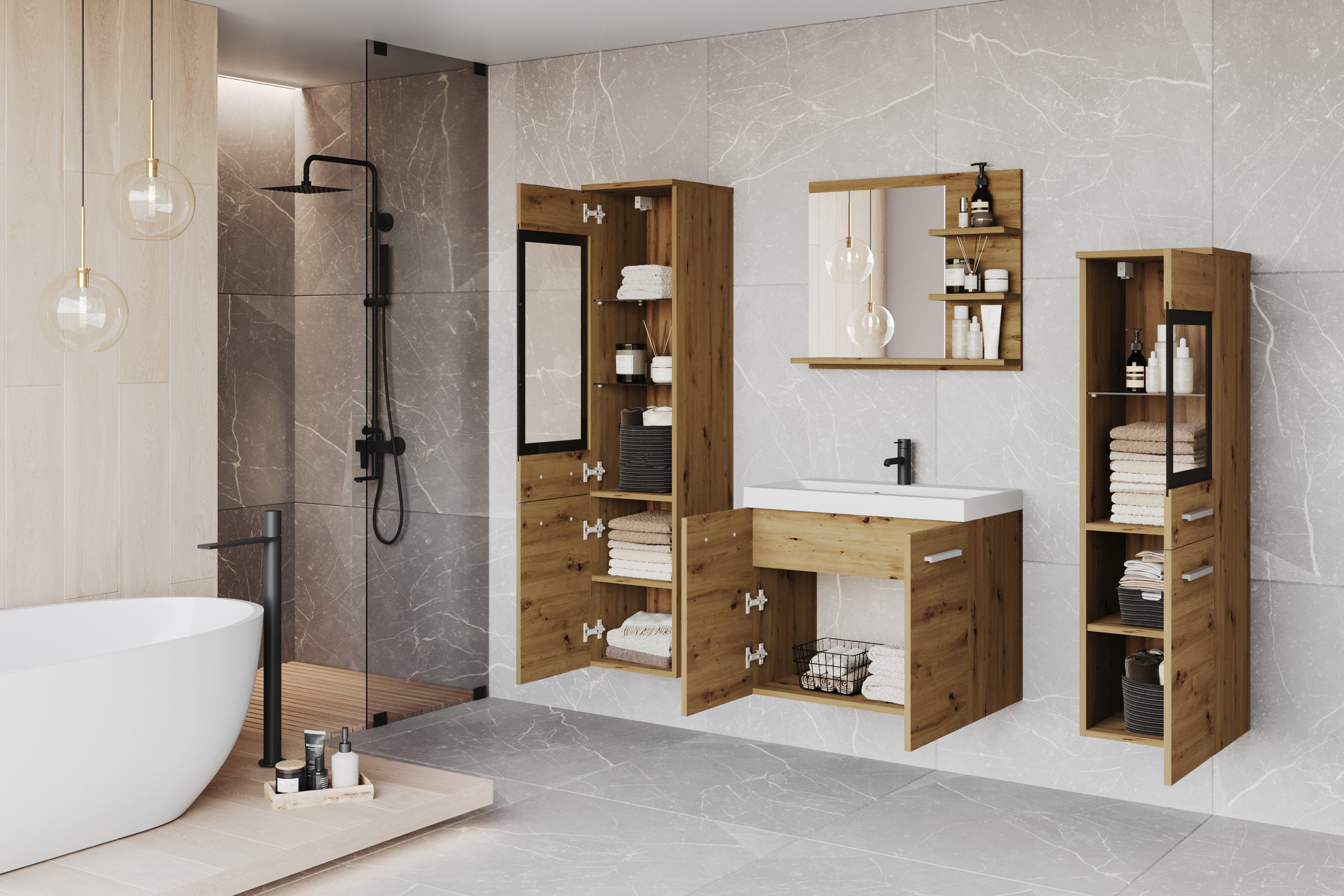 welltime Badmöbel-Set MADRIT, (Komplett-Set, 5-St., mit Waschbecken)