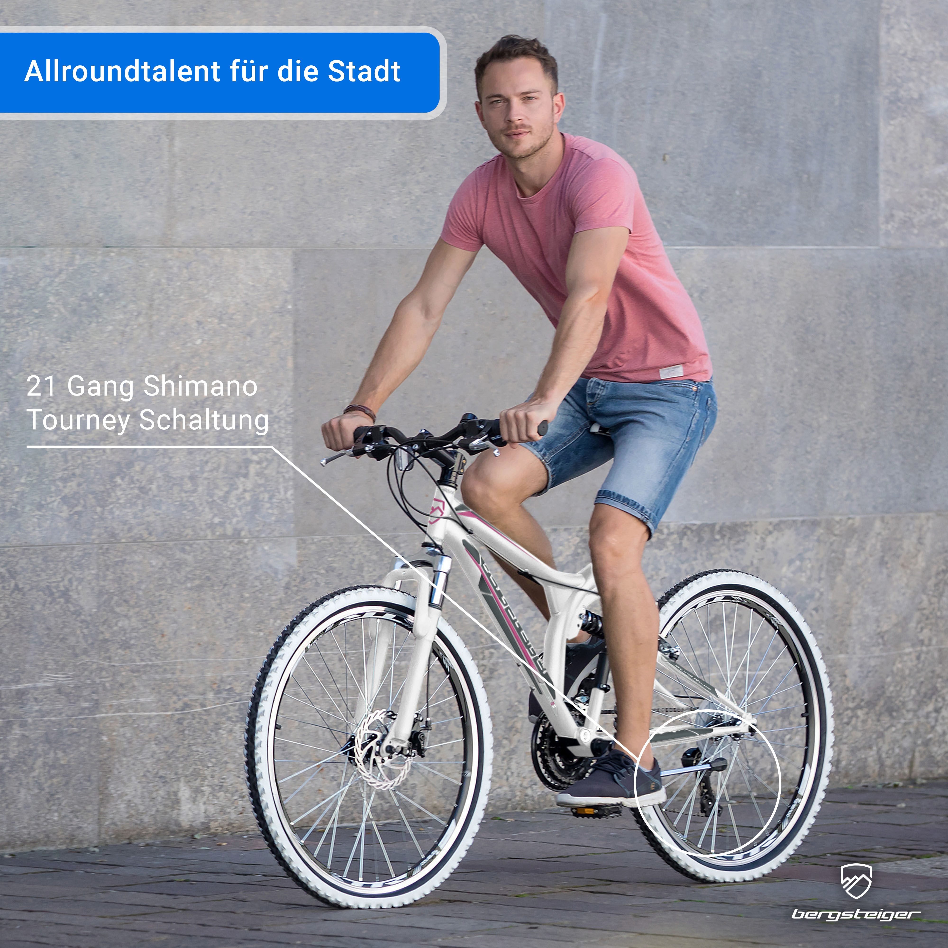 bergsteiger Mountainbike Phoenix 26 Zoll, geeignet ab 160 cm, Damen, Herren, 21 Gang Shimano Tourney RD-TY300 Schaltwerk, Kettenschaltung, Scheibenbremse, V-Brake