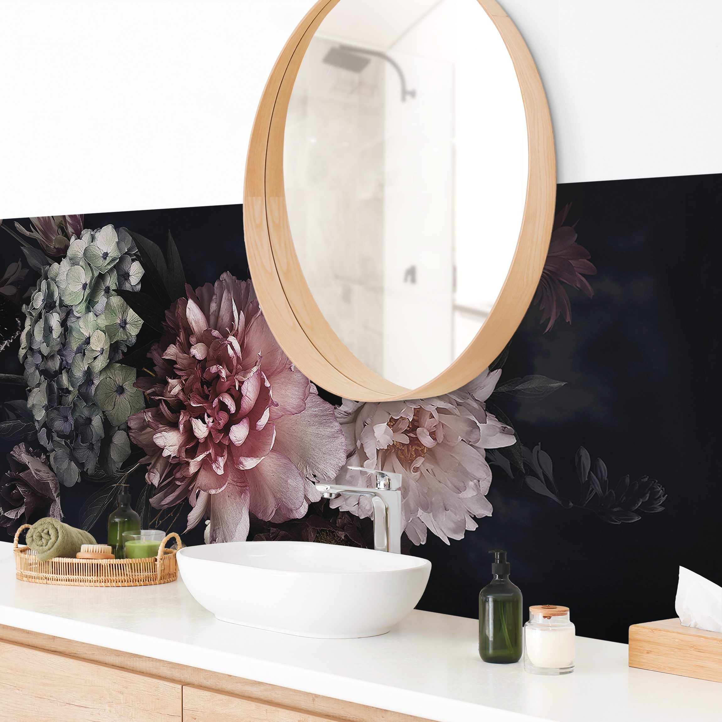 Bilderdepot24 Badrückwand schwarz fugenlose Wandverkleidung Bad Fotomontage, (Hartfolie matt » Selbstklebend SMART 0,35 mm), wasserfestes Wandpaneel Blumen Nebel Schwarz