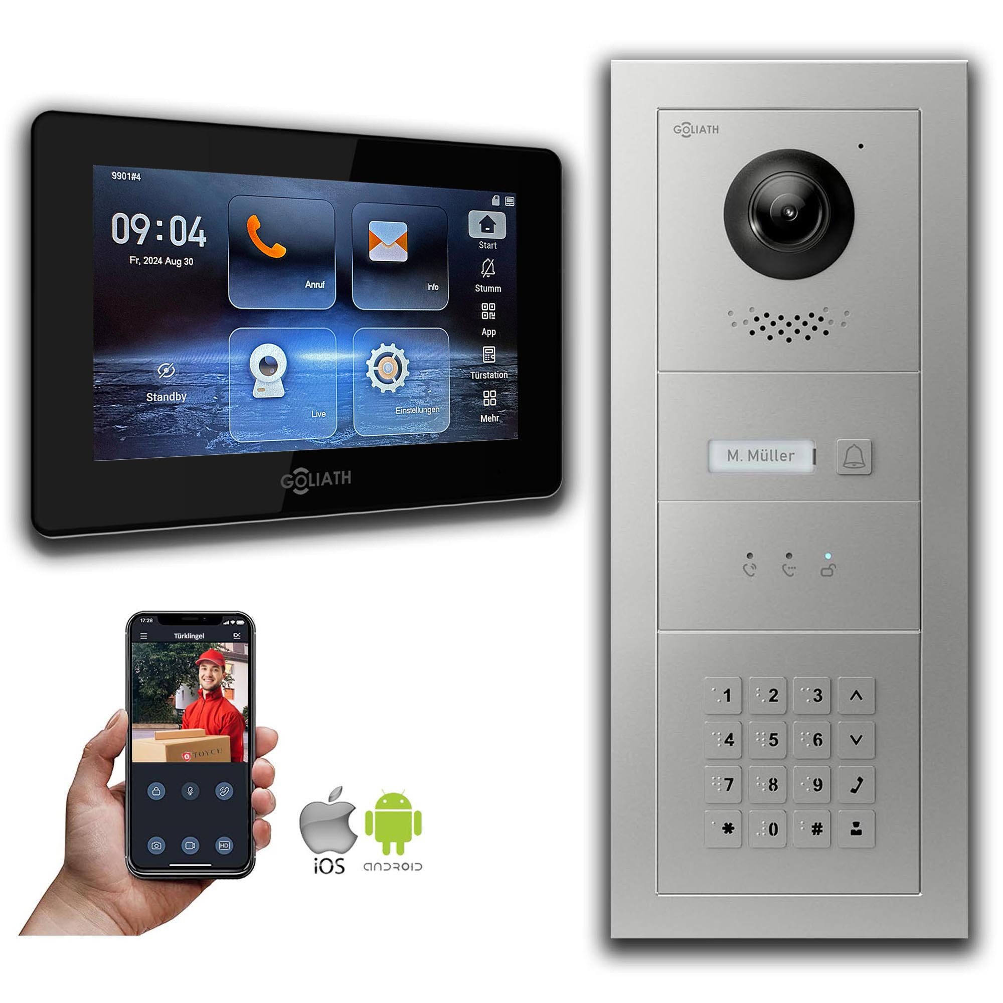 Goliath Intercom Video-Türsprechanlage Goliath IP Video Türsprechanlage mit Kamera 7-Zoll Zahlencode Anzeige (Privat oder Gewerblich)