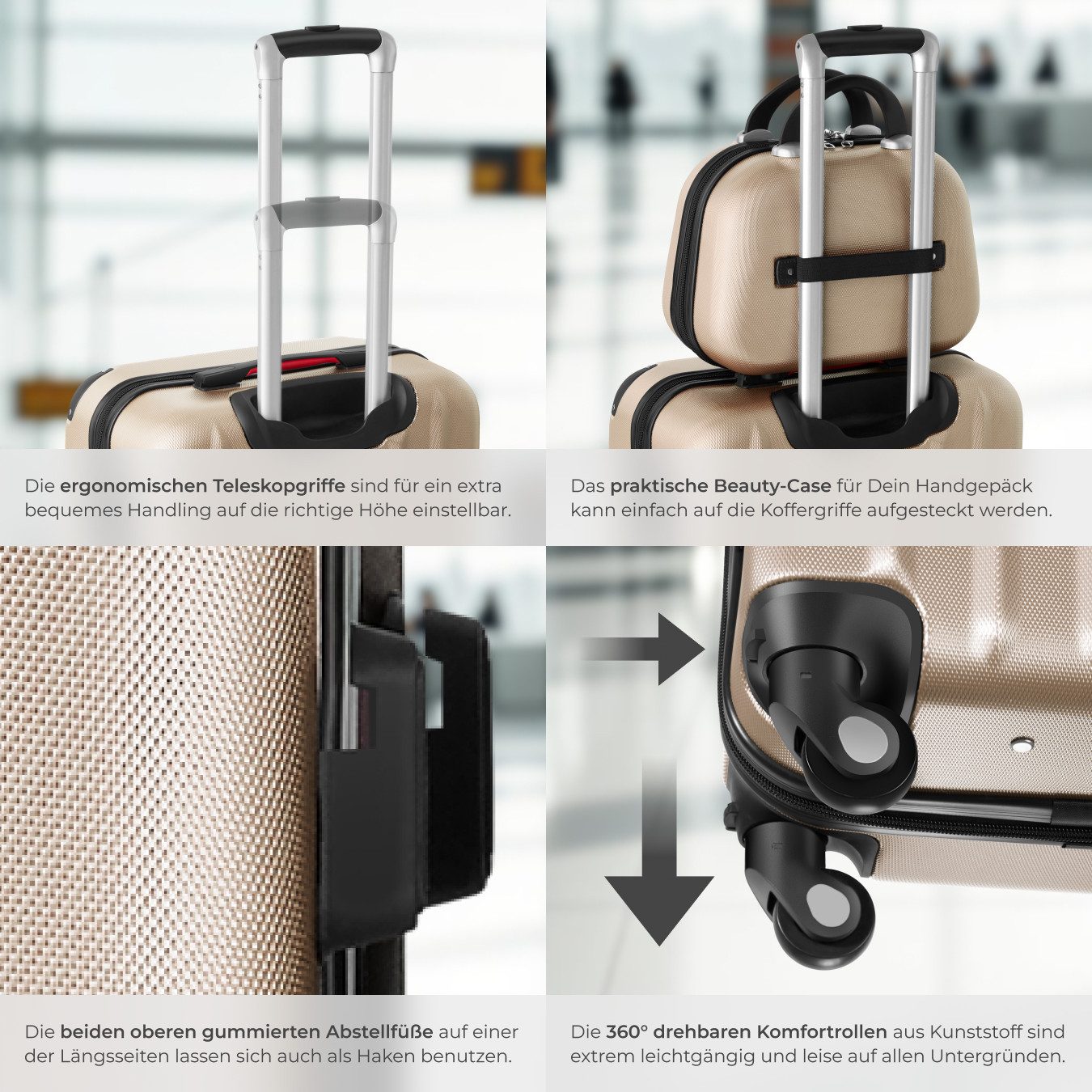 tectake Trolley Hartschalenkoffer-Set, 4 Rollen, 4-teilig, 3 Trolleys und Beauty-Case aus robustem ABS-Kunststoff