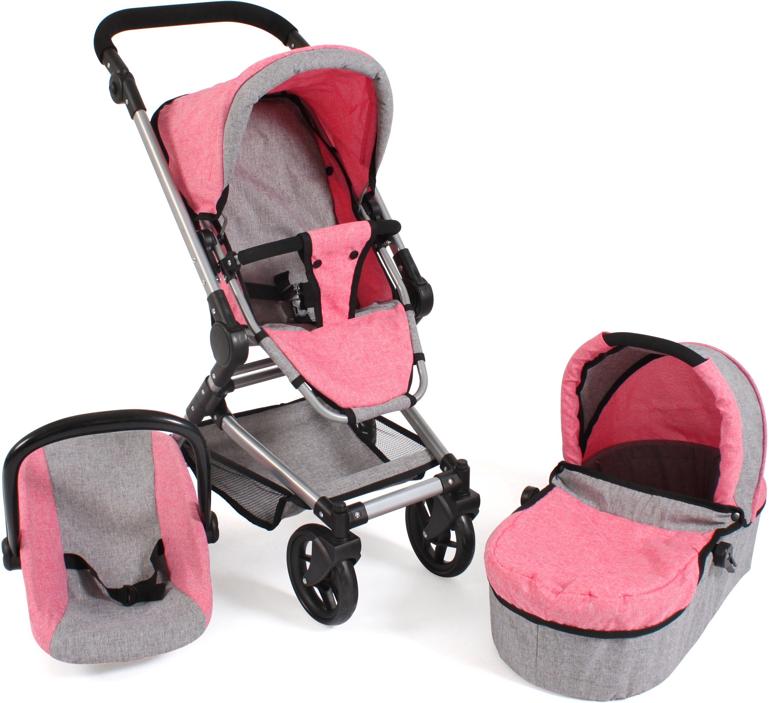 CHIC2000 Kombi-Puppenwagen Fides 3in1, Melange Pink, mit Babywanne, Sportsitz und Autositz