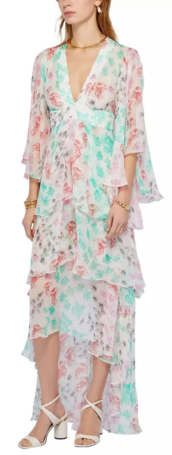 Rochas Maxikleid Seidenkleid S lockere Passform, V-Ausschnitt, kurze Ärmel, Rüschendetails