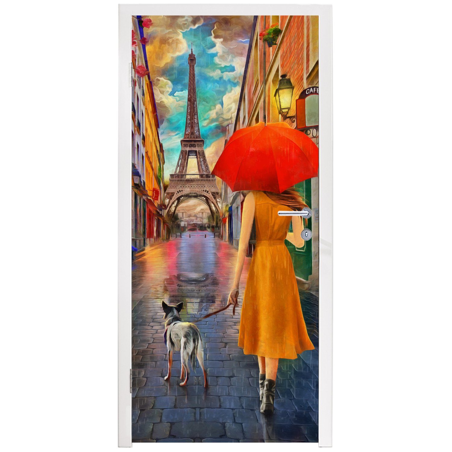 Gemälde - - Paris, MuchoWow für bedruckt, Tür, - Frau - cm Matt, Türaufkleber, Hund Ölfarbe St), 75x205 Fototapete Türtapete (1