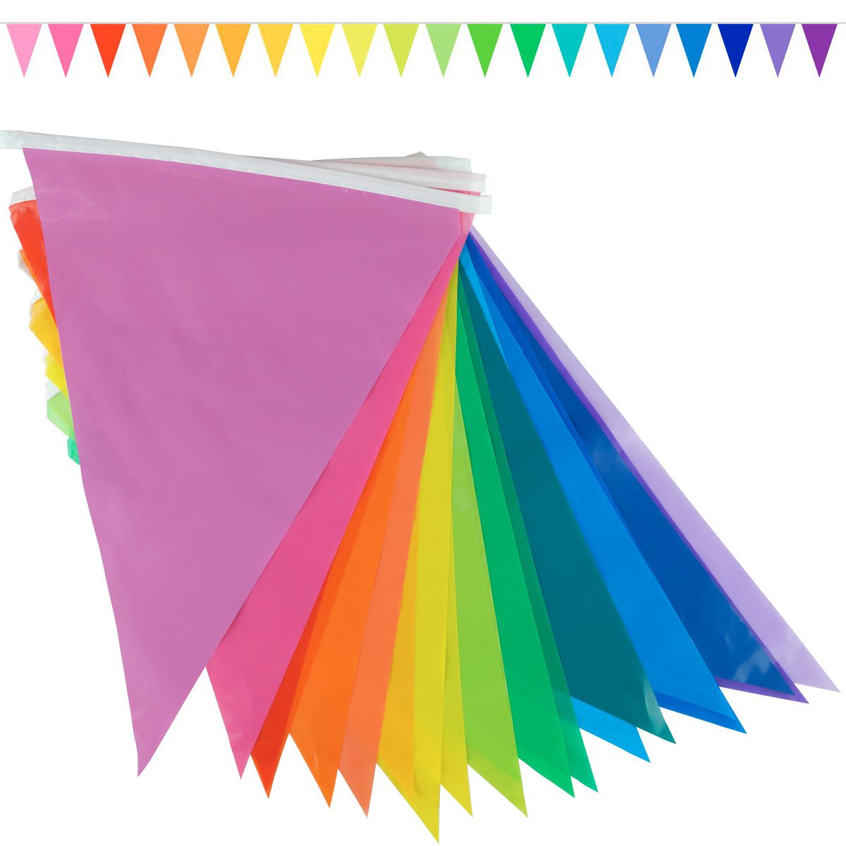 Goodymax Hängedekoration Wimpelkette 10 m Regenbogen Farbverlauf bunt farbig Folie (20 Wimpel a 20 x 30 cm), Girlande Fähnchen Kette Wimpelgirlande Fahnen Deko