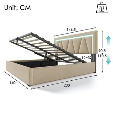 REDOM Polsterbett Doppelbett (140 x 200 cm Ohne Matratze), LED Doppelbett + USB/Typ-C Ladefunktion