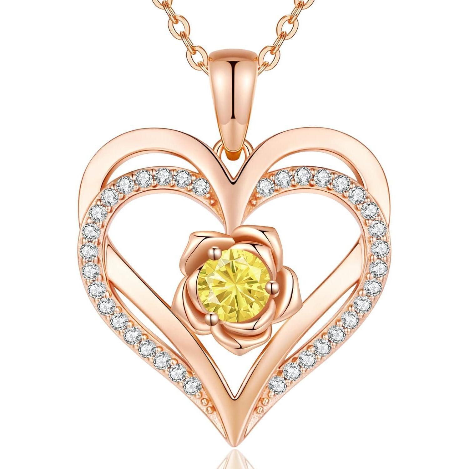 Kette mit Anhänger Halskette Damen Rosegold Herz Silber Geburtsstein RoseGold Necklace-11