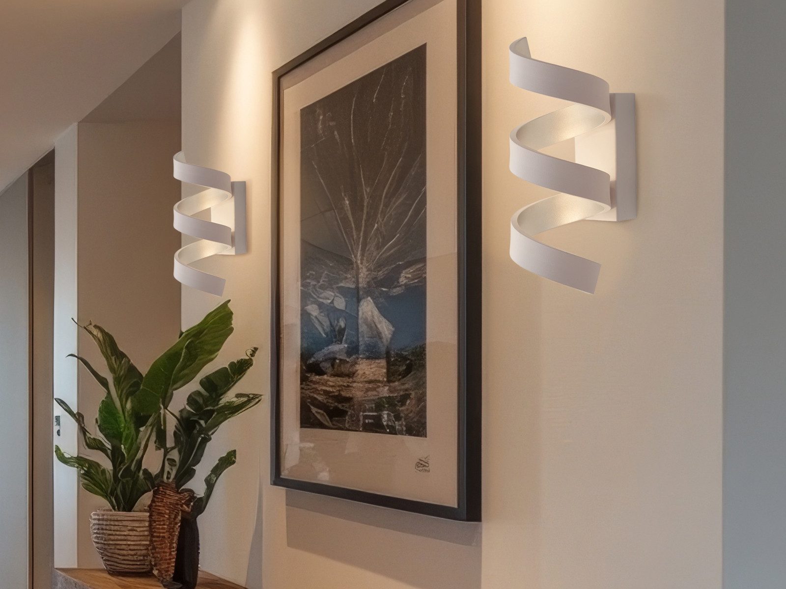 Luce Ambiente Design LED Wandleuchte 2er Set Spiral-Lampe in Weiß / Silber, LED fest integriert, Warmweiß, ausgefallene Wandlampe innen, indirekt-e Wand-beleuchtung