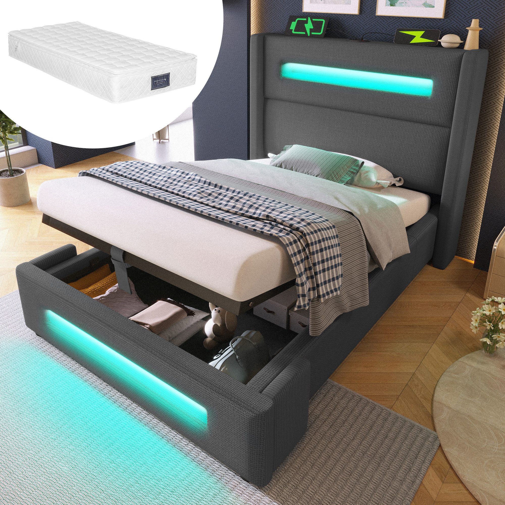STILVORA Polsterbett 90x200 mit Bettkasten,Jugendbett mit günstig online kaufen