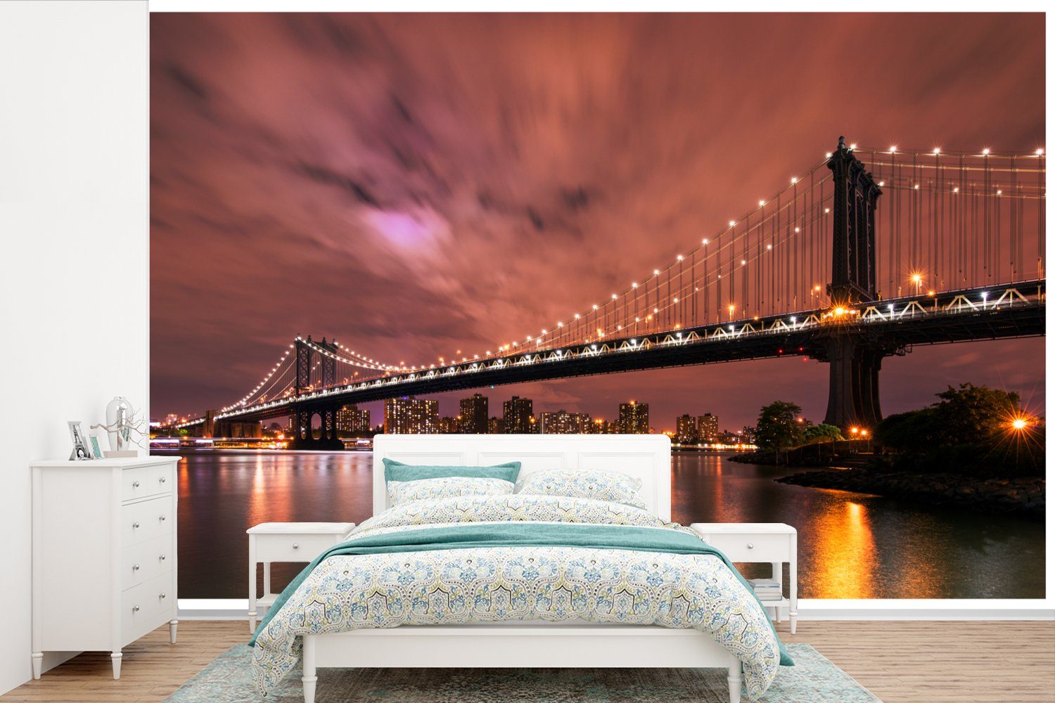 MuchoWow Fototapete Die Brooklyn Bridge in Amerika vor einem roten Abendhimmel, Matt, bedruckt, (6 St), Wallpaper für Wohnzimmer, Schlafzimmer, Kinderzimmer, Vinyl Tapete