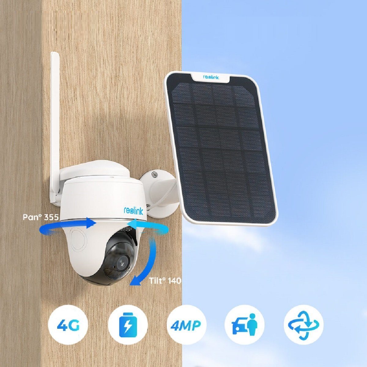 Reolink Überwachungskamera Go PT Plus+Solarpanel 4MP 3G/4G LTE 355°/140° Schwenkbare PTZ Akku (Außenbereich, Wald, Farm, Campingbus, Straße, 1-tlg., mit 32GB SD-Karte, mit SIM-Kartenslot+32GB SD Karte,Intelligenter Erkennung,IR-Nachtsicht)