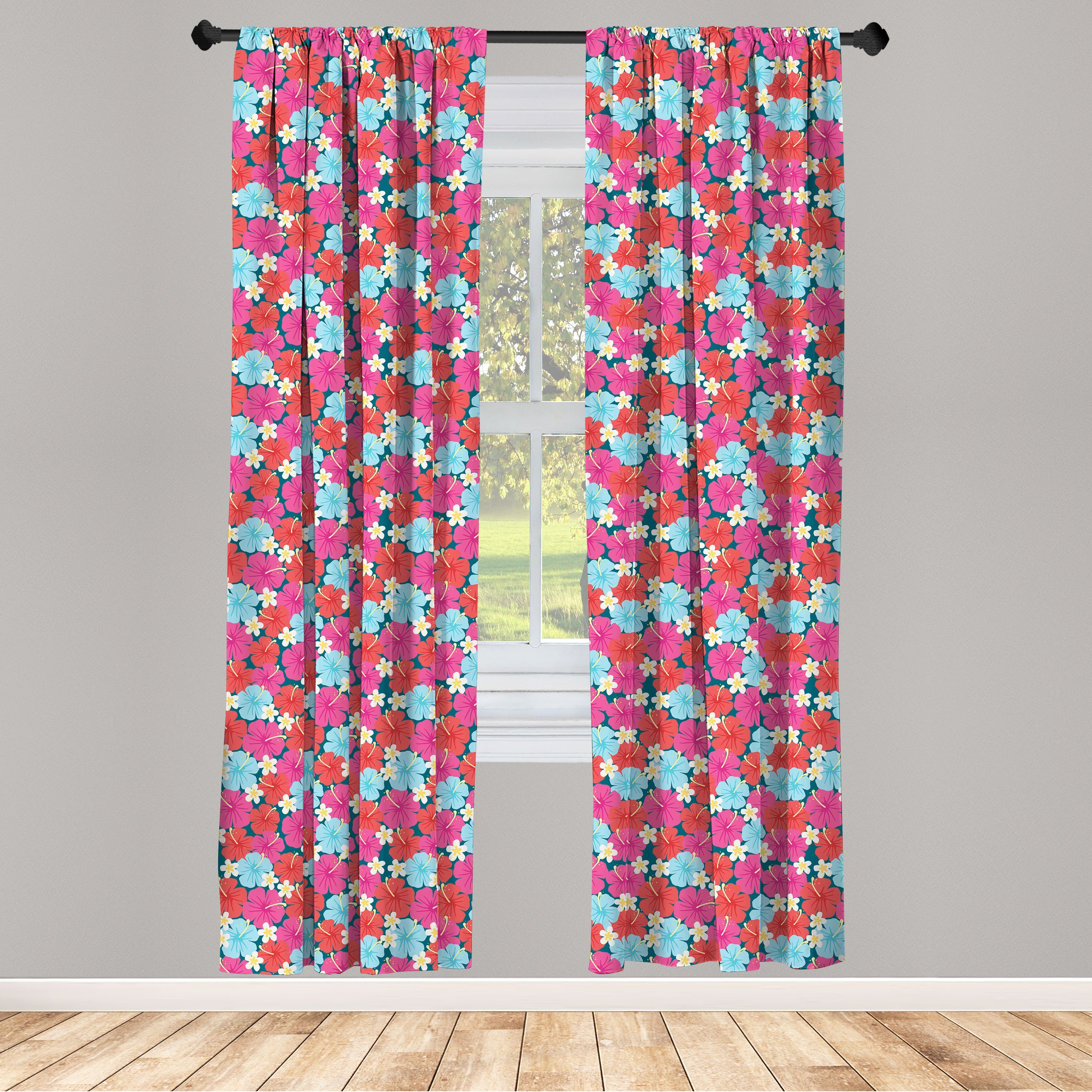 Gardine Vorhang für Wohnzimmer Schlafzimmer Dekor, Abakuhaus, Microfaser, Hawaii Klare Töne Hibiscus Flowers | Fertiggardinen