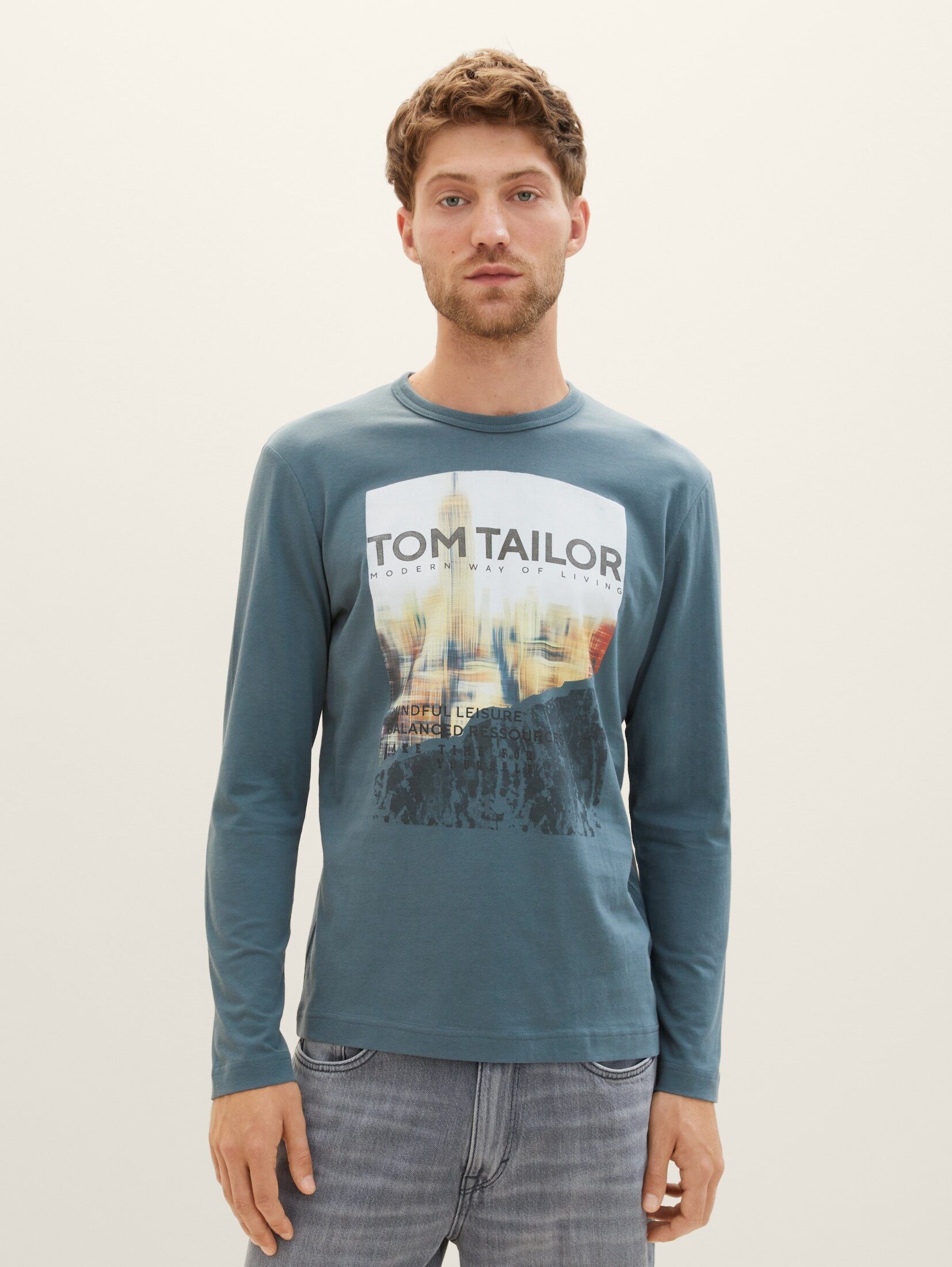 Langarmshirt T-Shirt dusty Print dark TAILOR teal mit TOM