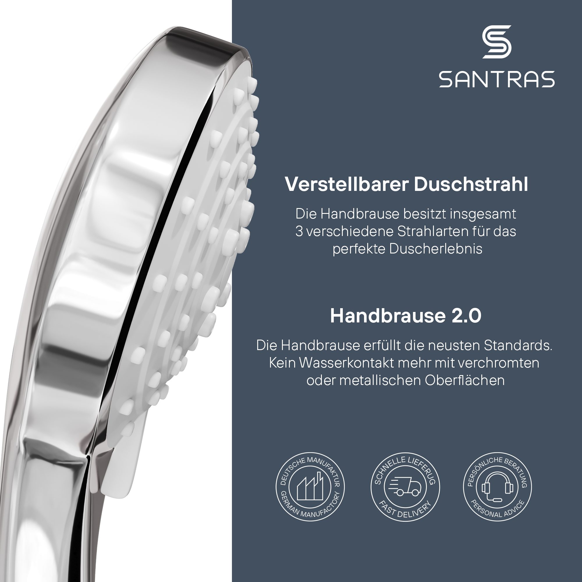 Santras Handbrause in Chrom - dreifach verstellbarer Duschkopf mit Wassersparer