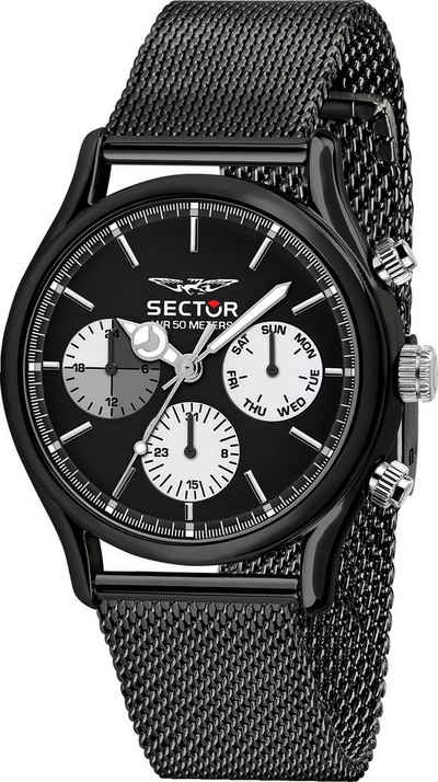 Sector Multifunktionsuhr Sector Herren Armbanduhr Multifunkt, Herren Armbanduhr rund, groß (ca. 43mm), Edelstahlarmband schwarz, Fas
