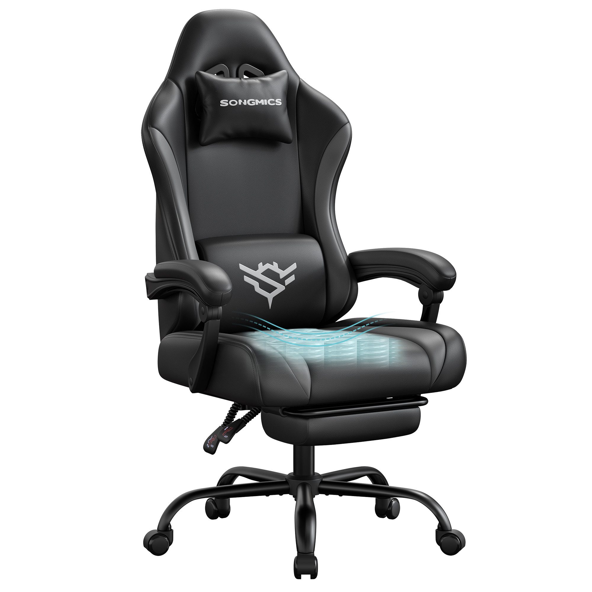 SONGMICS Gaming-Stuhl Schreibtischstuhl, Bürostuhl ergonomisch, Fußstütze, Lendenkissen, 135° Neigung, aus PU-Leder, 70 x 70 x 120-130 cm