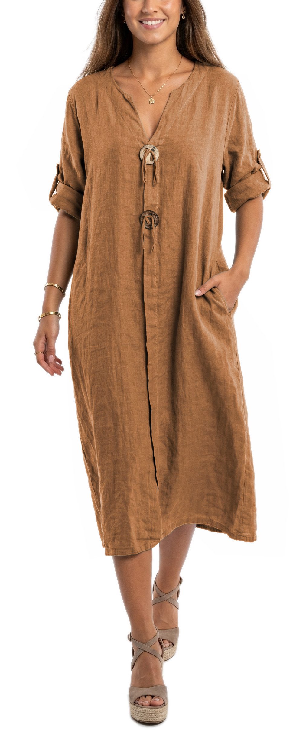 dy_mode Hemdblusenkleid Damen Leinenkleid Midi Hemdblusenkleid mit V-Ausschnitt Freizeitkleid in Unifarbe, V-Ausschnitt, mit seitlichen Eingriffstaschen
