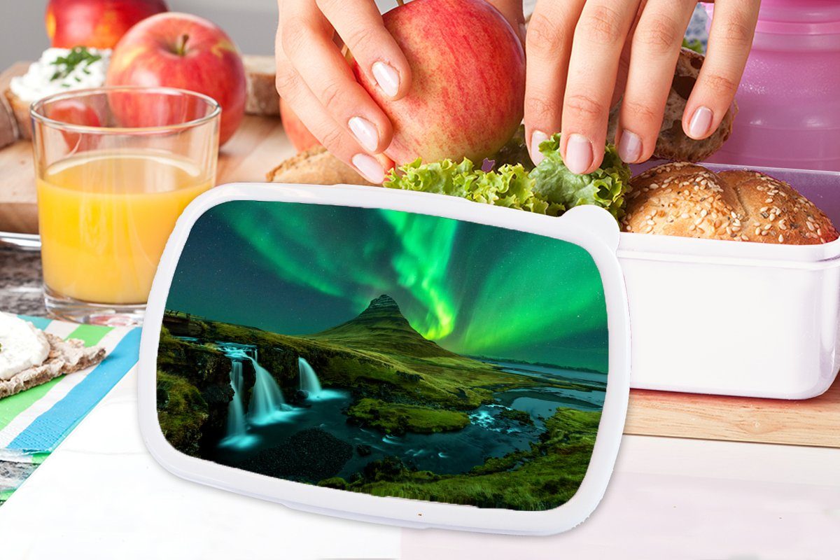 MuchoWow Lunchbox Nordlichter - Wasserfall Mädchen Jungs Berg - Kinder - für Island, Erwachsene, Brotdose, und (2-tlg), und Kunststoff, für weiß Brotbox
