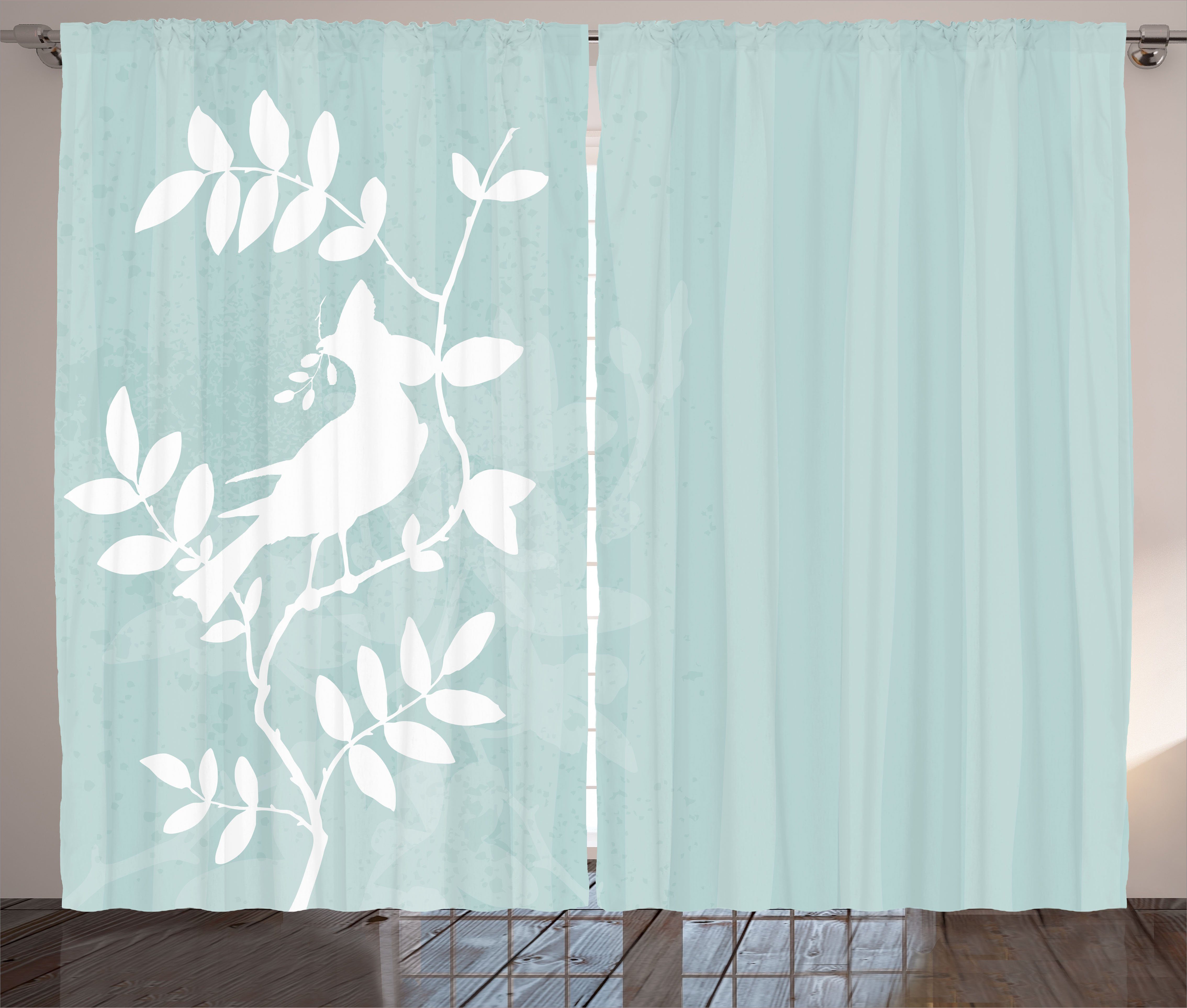 Haken, und Schlaufen mit Gardine Kräuselband Schlafzimmer Vogel-Silhouette Baum Natur Abakuhaus, auf Vorhang