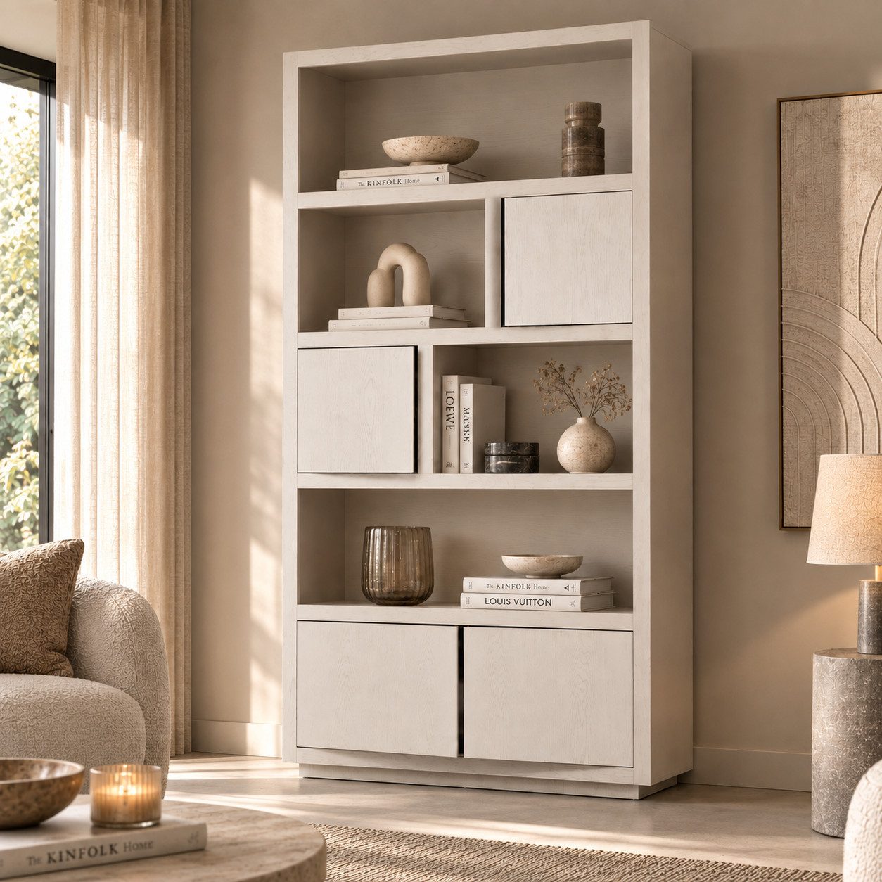 Maison ESTO Hochschrank Bücherregal Schrank TAVIRA 120 x 220 cm Eiche taupe mit 4 Türen der Schrank wird komplett montiert geliefert