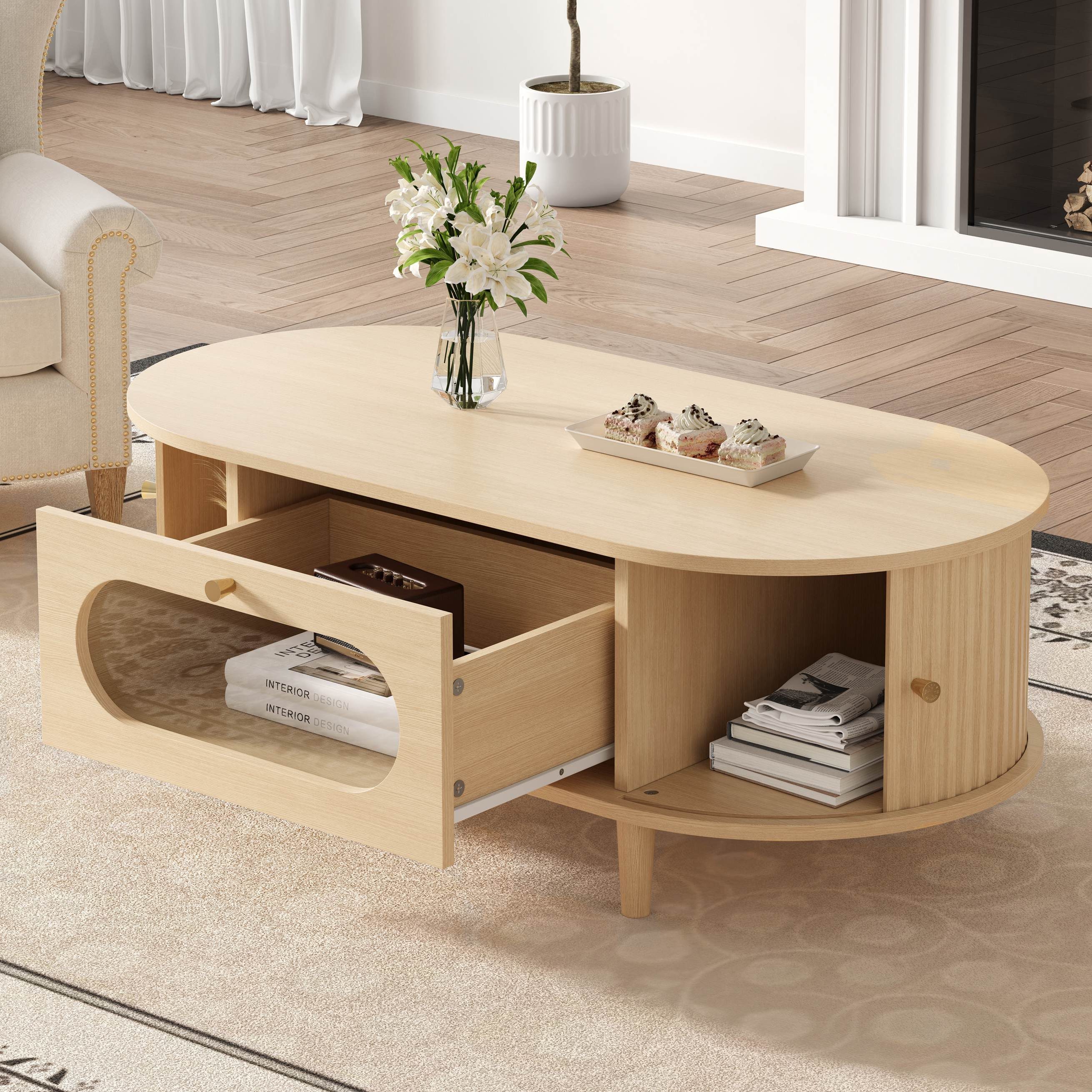 BlingBin Couchtisch Kaffeetisch Sofatisch Beistelltisch Wohnzimmertisch (1-St., mit 1 Schubladen, 2 Rolltüren und 4 Stützbeinen), 100 x 50 x 36 cm