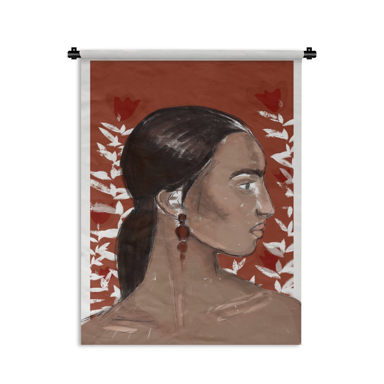 MuchoWow Wanddekoobjekt Porträt - Frau - Rot - Blumen, Deko für an der Wand, Wohnzimmer, Tapisserie, Schlafzimmer