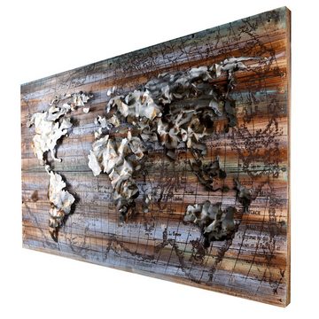 Home4Living Metallbild Wandbild 3D Unikat Relief handgefertigt, World on wood, 3D Effekt