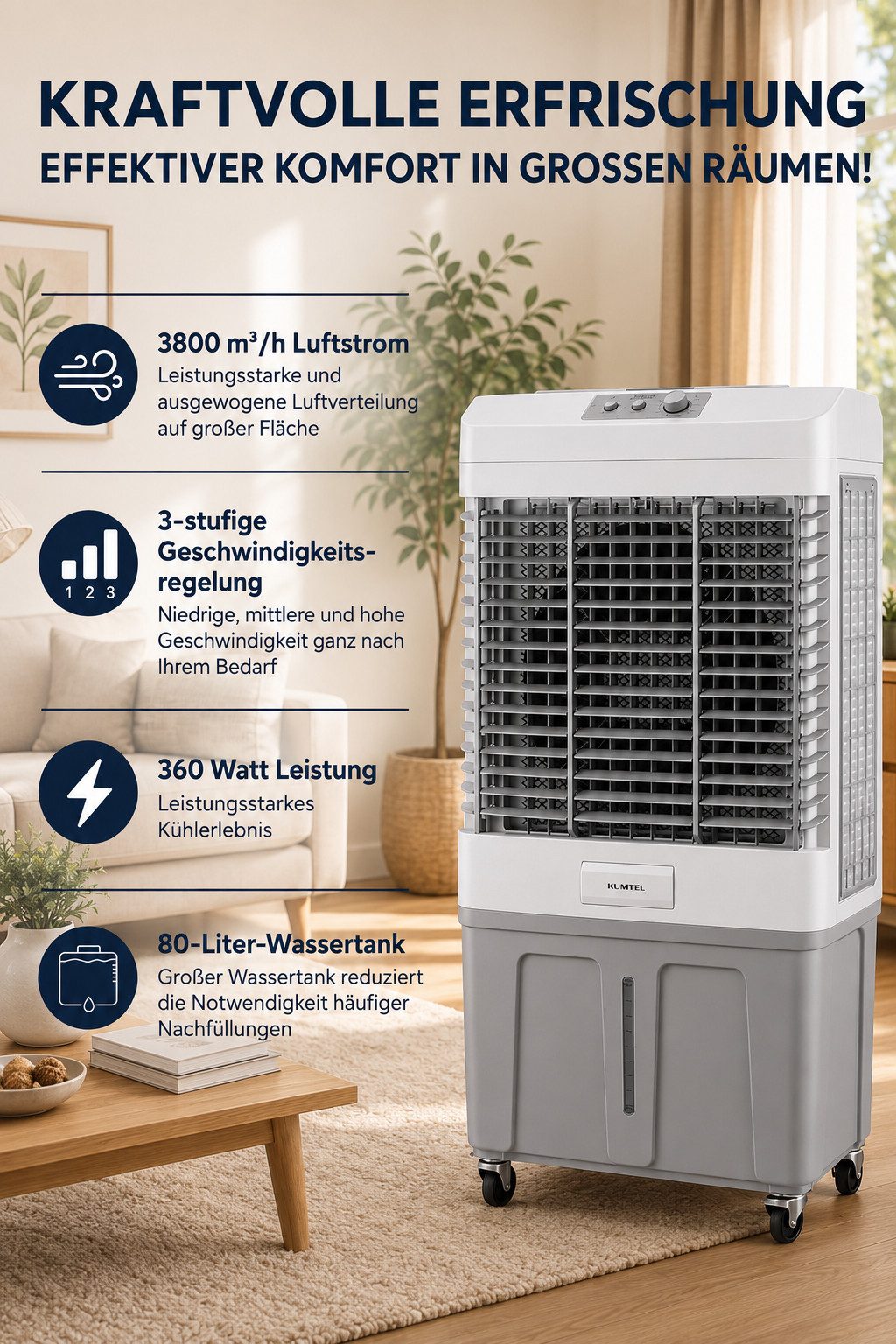 KUMTEL Turboventilator automatische Oszillation, Befeuchtungsfunktion, 240 W, 80-Liter-Wassertank,waschbarer Filter, mit Rollen, 4 Kühlakkus